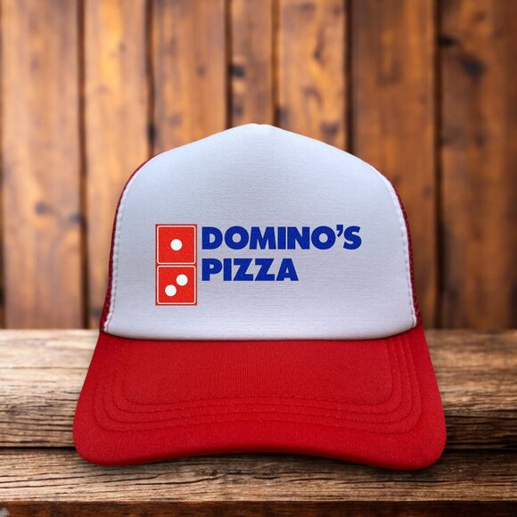 Retro Dominos Pizza Mens Trucker Hat Red Snapback Vintage Logo 90s Throwback Cap - Picture 1 of 4